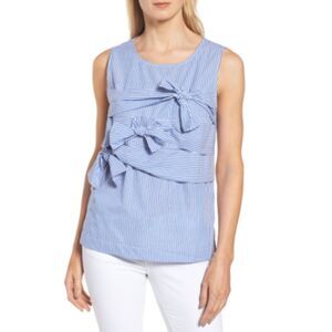 Halogen Women's Blue and White Sleeveless Top with Bows, Coastal Preppy, Sz S